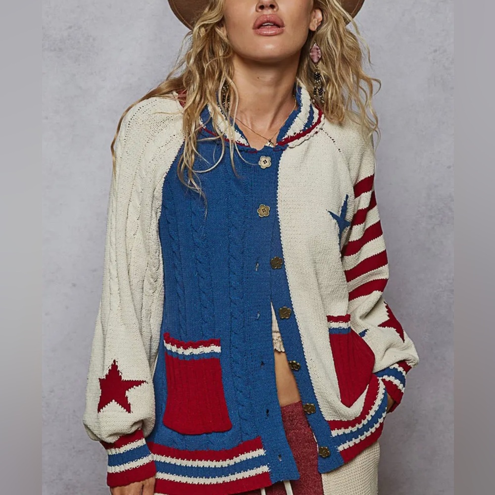 POL Red White and Blue Star Stripe Knit Cardigan